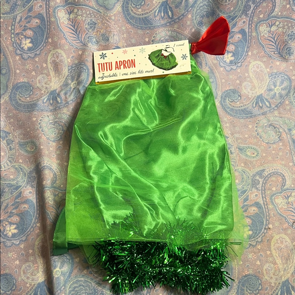 Green Tutu Apron Holiday Christmas Elf Costume Tinsel Trim Adjustable One Size